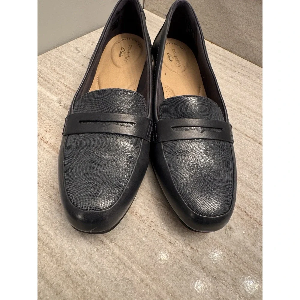 Clarks Juliet Coast Penny Loafers Leather Slip-Ons Luxe Flats‎ Textured Blue 8.5